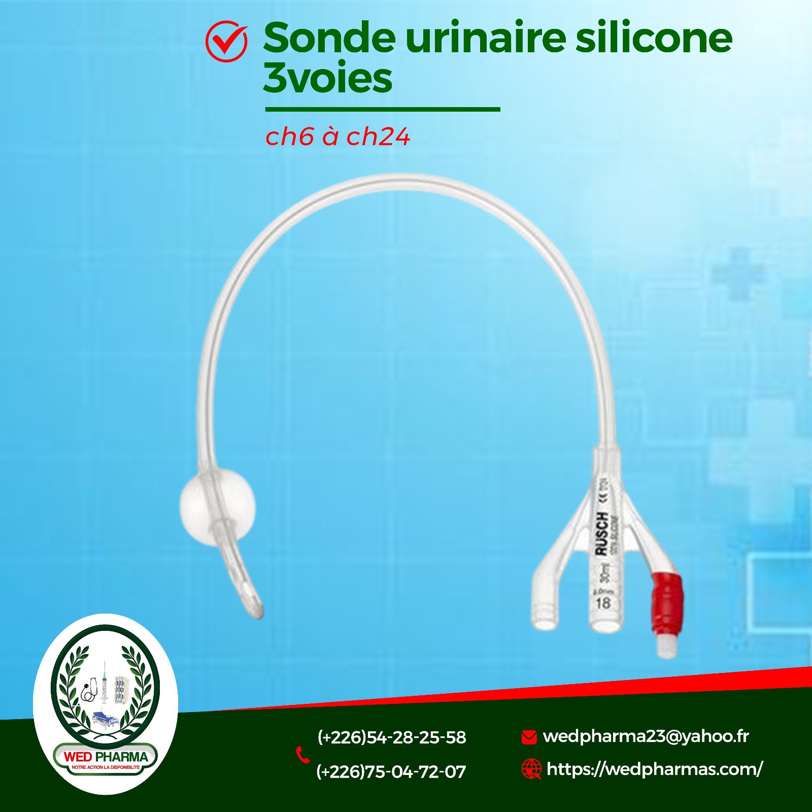 Sonde urinaire silicone 3voies ch6 à ch24